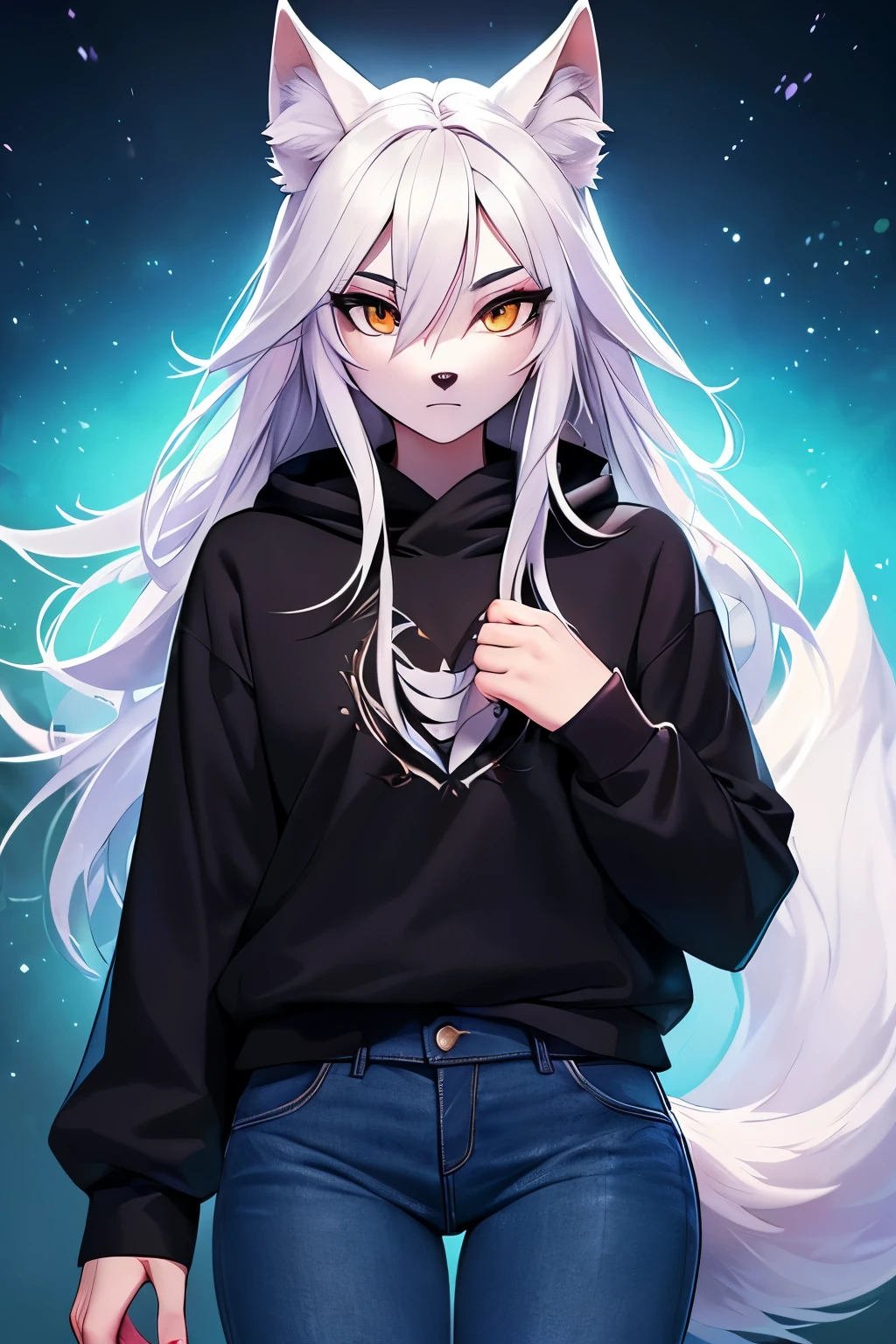 (work of art, Maximum quality, best qualityer, offcial art, beautiful and aesthetic:1.2) A She-Wolf, white wolf ears, hair blue, wolf tail, white fur, gold eyes, Wearing a Black Sweatshirt and Blue Jeans.