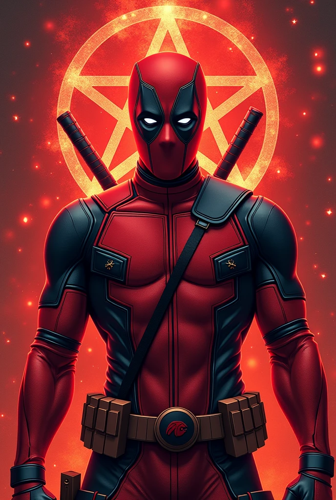 Deadpool with the symbol of lucky Trevor , five star and music symbol. Lucky, star, music . With alot of  man gay , illuminati world,  powerful. Red. By: Sam Oca