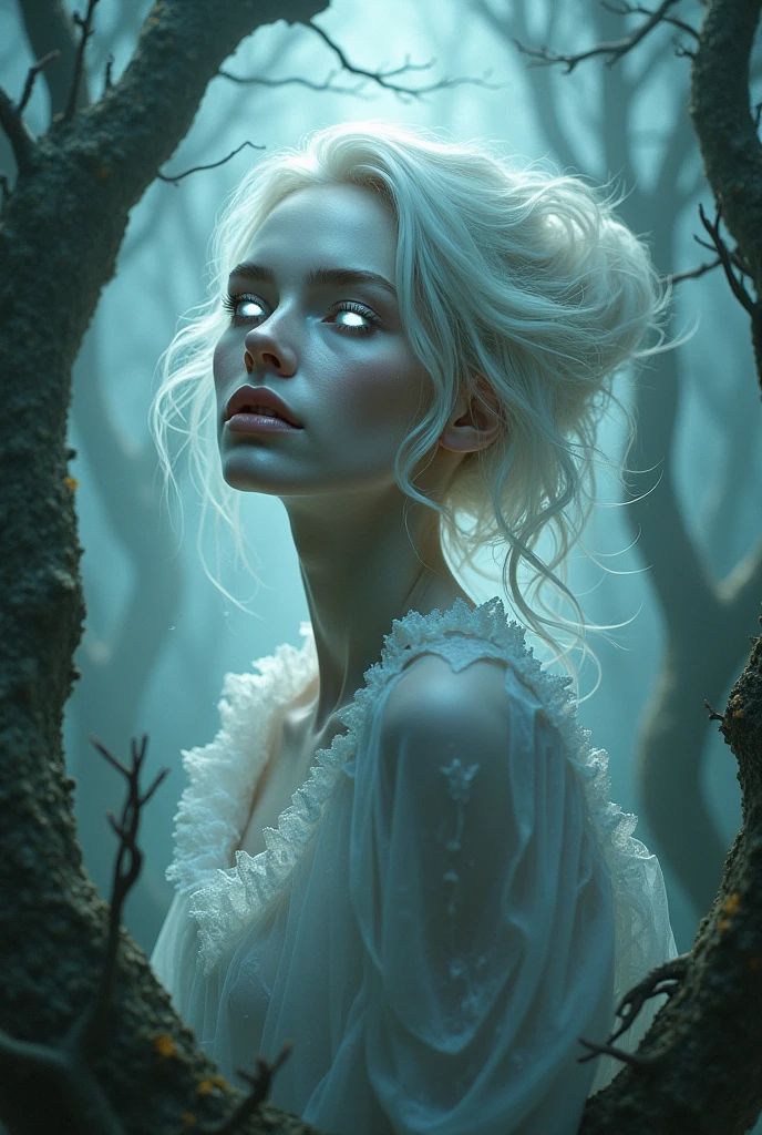 a realistic woman enchanteress beautiful ans Creepy whit white eyes and crazy landscape