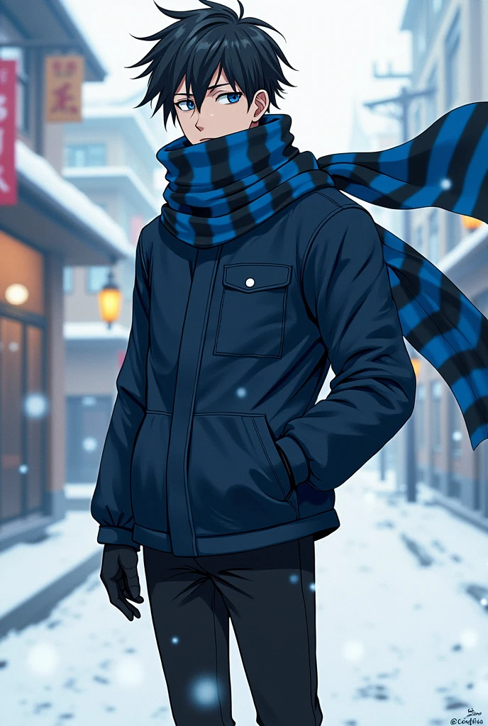 messy black hair, dark blue eyes, white skin tone, blue and black striped scarf, black pants, men's black winter boots, dark blue cold weather blouse with pocket, drawing style of the Anime Jujutsu Kaisen by Author Gege Akutami.