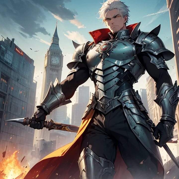 Masterpiece, High Resolution, HD, High Quality, UHD, Super Detailed, Best Quality, High Details, Fantasy, grimdark, alone solo character, no deformities.
{{(1character: a 33 young man warrior:(white hair, short hair, yellow eyes, closed mouth angry, tall complexion, slender complexion, sharp nose, big eyebrows, handsome and atractive, strong demeanor),(grey steel armor, sharp shoulderplates, aqua-green pants, hip armored, grey steelnlong boots),(very aggresive warrior demeanor, left hand holding a spear, right hand holding a remintong shotgun, looking at the monsters, angry and desperate),(very modern city, blue day sky, bright twin golden suns in the sky, fantasy modern london city, chaotic violence everywhere, fat red monsters attacking the city)))}}