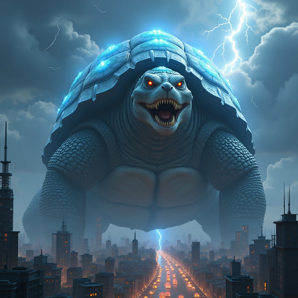 Heavy giant dragon-like turtle, Gorgeous shells, Building districts in Japan,fire, 3D Rendering, Ultra-fine detail, high quality, High resolution, 最high quality, thunder,bad weather,Giant blue lightning