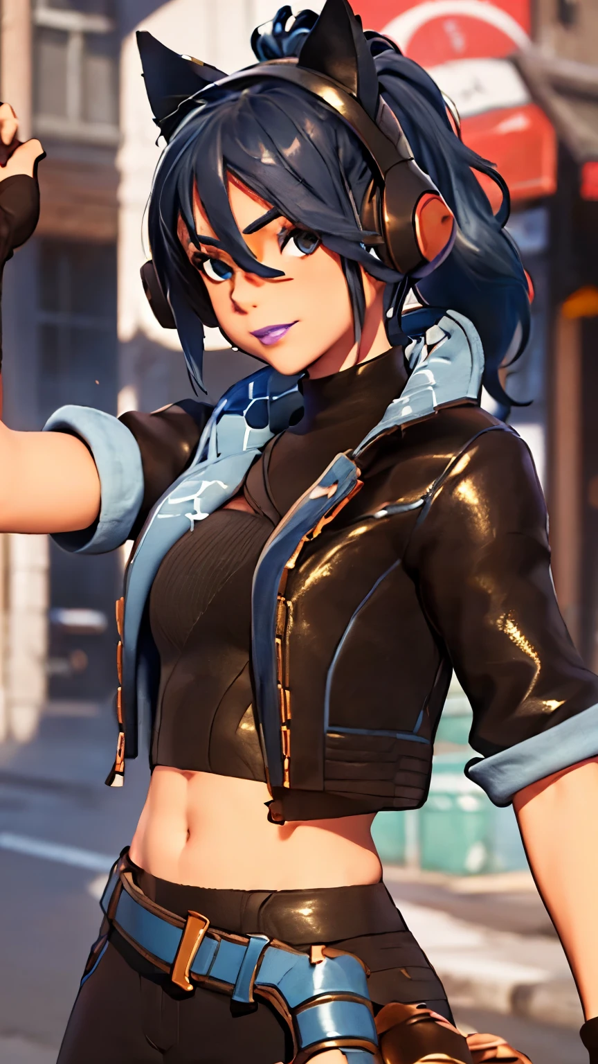 City background, 1girl, solo, HeroicHopeFN, Heroic Hope from fortnite, (crop top, black top, open clothes), (jacket crop top, black jacket, blue loose, jacket loose), fingerless gloves, black pants, blue belt, blue hair, ponytail, blue eyes, headphones, cat ears headphones, holster, holster spray cans, purple lips, lipsticks, smirk, upper body, body facing viewer, looking at viewer,