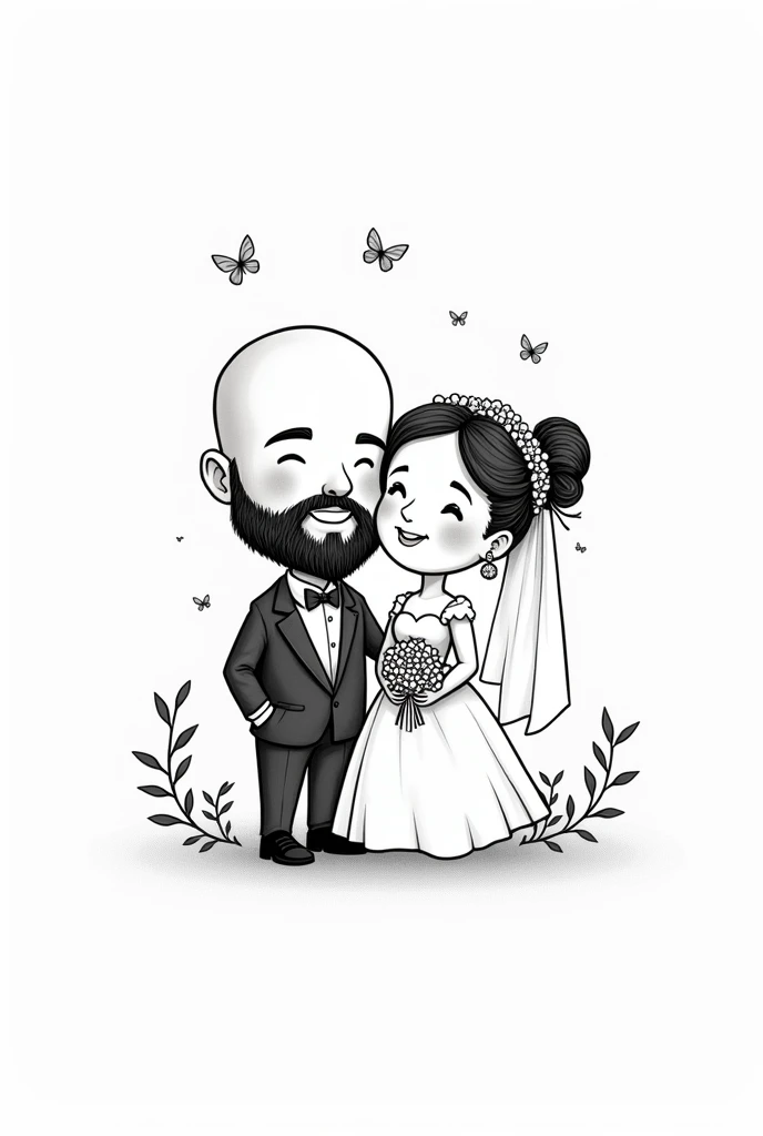 A cute animated black and white drawing of a handsome bald and bearded groom and his bride