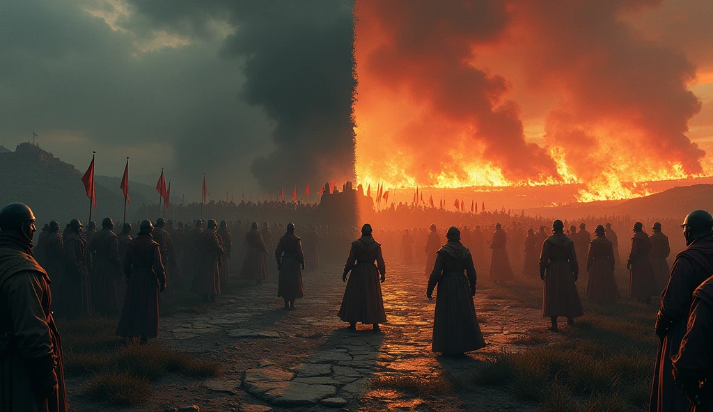 A powerful and cinematic depiction illustrating the evolution of a territorial dispute into a broader conflict. The scene is divided into two distinct but interconnected panels. On the left, a detailed, darkened landscape shows a tense negotiation at a fortified border, with representatives in period attire surrounded by maps and banners, the air thick with smoke and unease. On the right, the conflict has escalated into full-scale warfare, with armies clashing amidst chaotic skirmishes and burning villages. The transition between the panels is marked by a gradient of dark, stormy skies giving way to fiery battle scenes. Dramatic lighting highlights the shifting nature of the conflict, with shadows and highlights enhancing the mood of impending chaos. The style reflects Edmund Blair Leighton's intricate and evocative approach, capturing the gravity and depth of the transformation from a local dispute to a sweeping war., Surrealism, Hyperrealism, UHD, retina, masterpiece, accurate, anatomically correct, textured skin, super detail, 16k