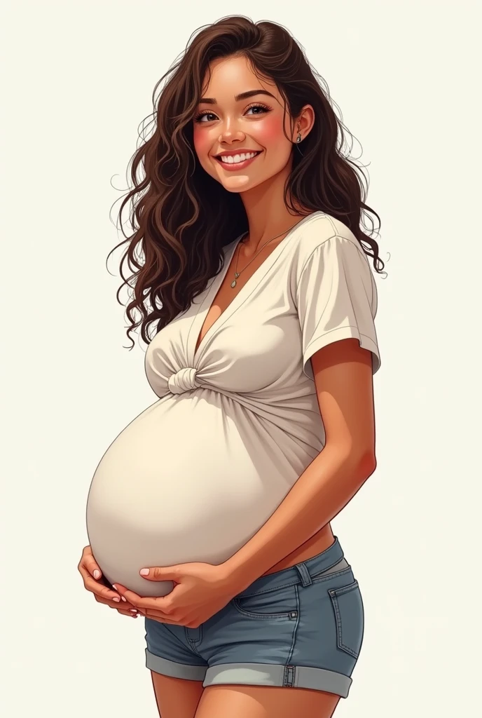 A tall 20 year old, long hair and wet curly hair, fine strokes, body skinny, 1,75 tall, She is pregnant and has a happy facial expression, smile on her face and wears a short blouse and neat shorts.