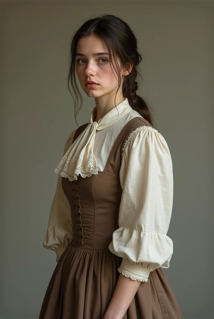 Make a  adult wearing typical 19th century French clothing with an expression that reflects curiosity and seriousness