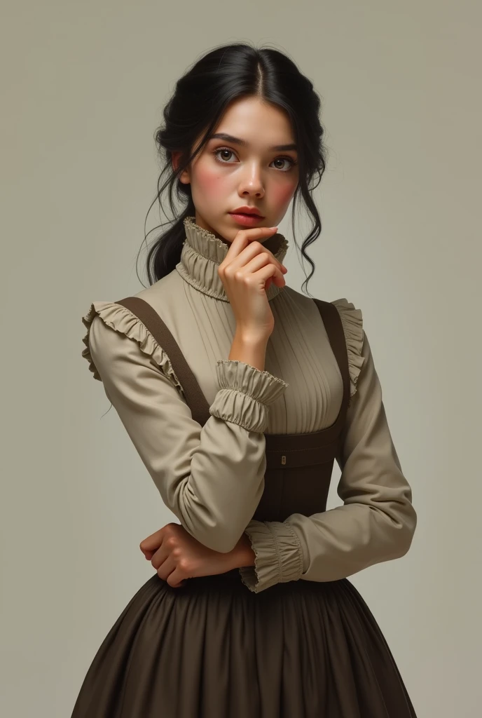 Make a young adult wearing typical 19th century French clothing with an expression that reflects curiosity and seriousness