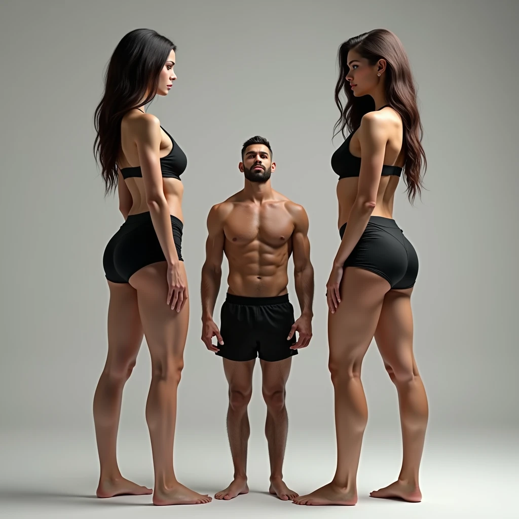 Two Very Tall girls in the left and right, short man in the middle, the two girls are much taller than the man, girls are models, girls are ring girls, man is an mma fighters, girls are topless and only wearing shorts, man is shirtless and wearing black shorts, girls are standing barefoot, man is wearing shoes