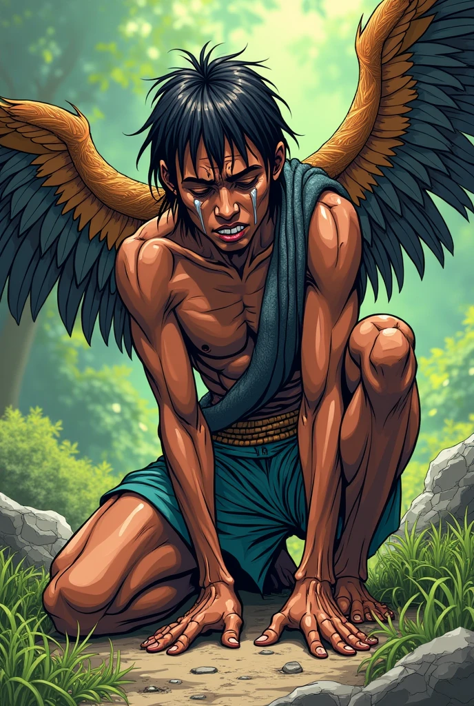 comic: The young Karãu man kneels on the ground, crying in despair. suddenly, His body begins to transform into a small Aramus guarauna bird