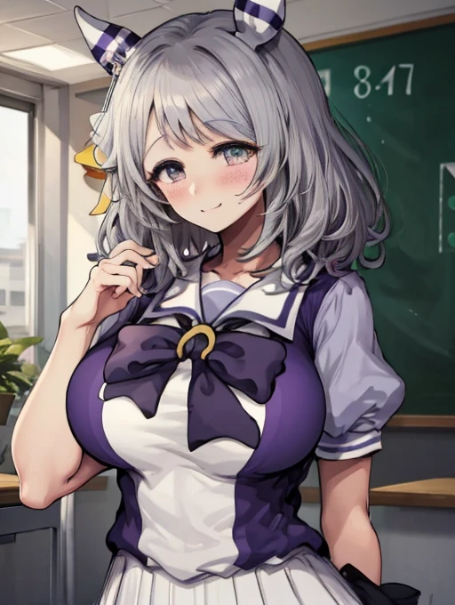 (((masterpiece))), ((Highest quality)), 1 person, One Woman, alone,Glowing Skin,(Bust Shot),(Motsuaki), hishi miracle, horse ears, hair ornament, horse tail, tracen school uniform, purple shirt, puffy short sleeves, white skirt, white thighhighs, Gray Hair,(Detailed Eyes),Eye highlights, ((((Very large breasts)))), Narrow waist, Big Ass, smile、((blush)),