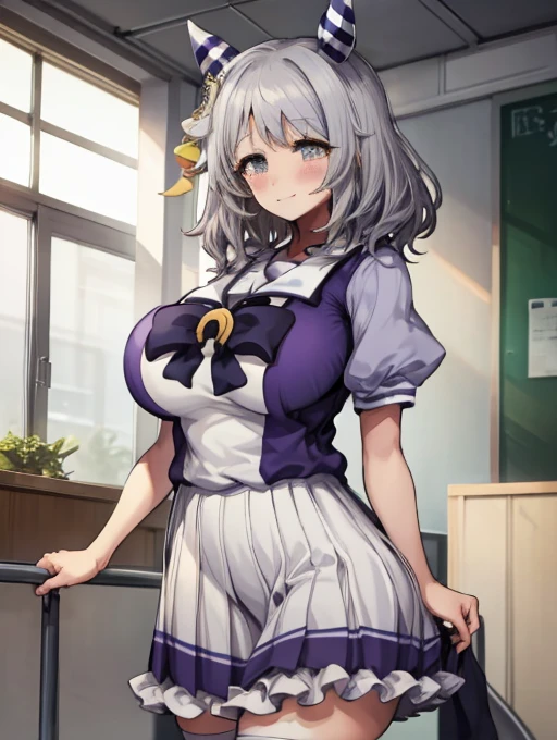 (((masterpiece))), ((Highest quality)), 1 person, One Woman, alone,Glowing Skin,(Bust Shot),(Motsuaki), hishi miracle, horse ears, hair ornament, horse tail, tracen school uniform, purple shirt, puffy short sleeves, white skirt, white thighhighs, Gray Hair,(Detailed Eyes),Eye highlights, ((((Very large breasts)))), Narrow waist, Big Ass, smile、((blush)),