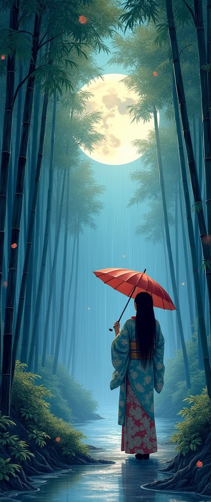 dynamic ink painting of a bamboo grove of japan, great art, great sense of depth, ground level shot, the most beautiful bamboo grove in the world, bamboo leaves shining through rainwater, moon\(pale blue\) with a light overcast, beautiful woman\(ancient Japanese noble, beautiful kimono, beautiful long black hair\) looking up at the moon holding an umbrella,raining softly, fireflies flying around, bamboo leaves are placed three-dimensionally in the foreground, long distance shot,limited color