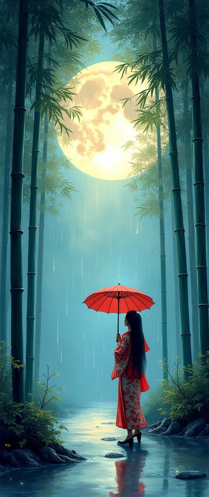 dynamic ink painting of a bamboo grove of japan, great art, great sense of depth, ground level shot, the most beautiful bamboo grove in the world, bamboo leaves shining through rainwater, moon\(pale blue\) with a light overcast, beautiful woman\(ancient Japanese noble, beautiful kimono, beautiful long black hair\) looking up at the moon holding an umbrella,raining softly, fireflies flying around, bamboo leaves are placed three-dimensionally in the foreground, long distance shot,limited color