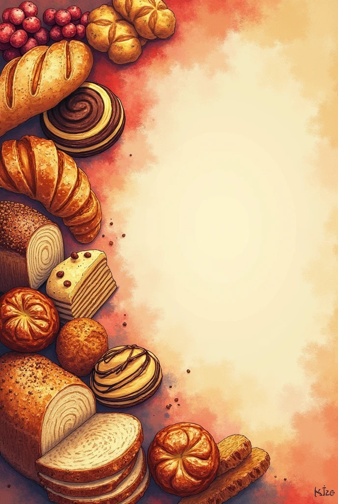 Create a background image for a login screen for a bakery website that refers to breads and pastries and cakes, that only has drawings on the left side, must be in 1440 x 1024 format, use red tones, yellow and brown