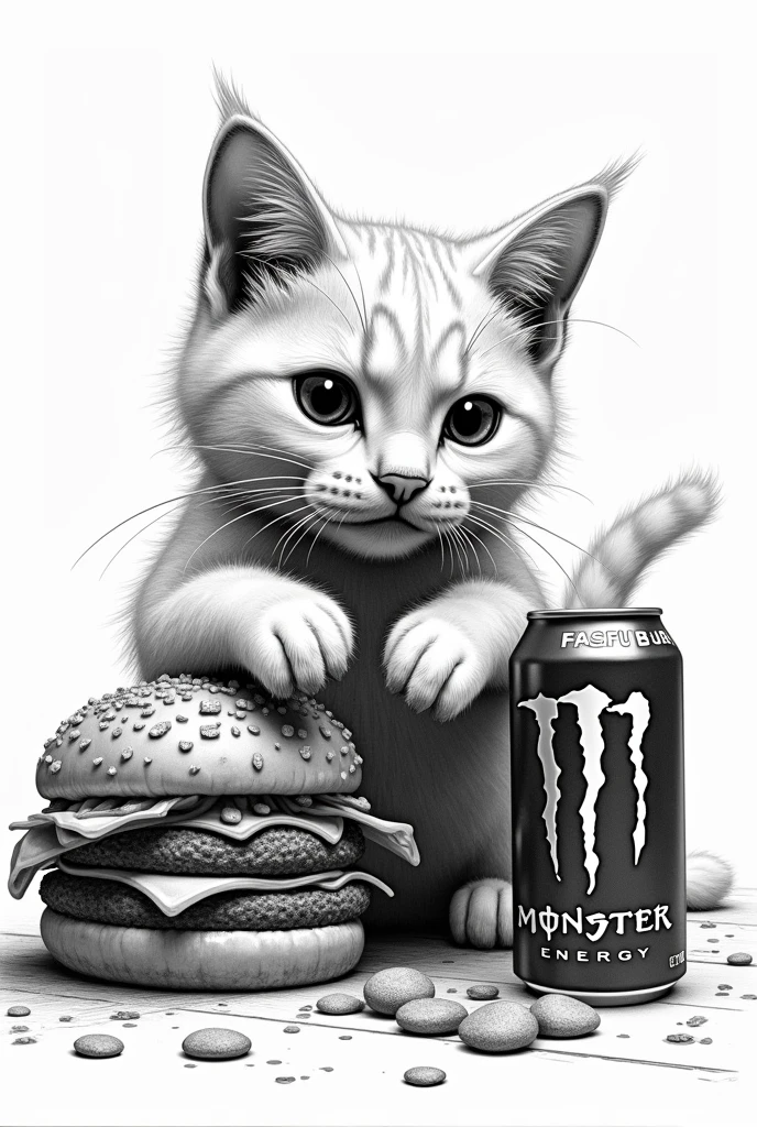 a cat with a burger *fasfu burgers* collaborating with the Monster Energy company drawn in black and white pencil, more striking and advertising