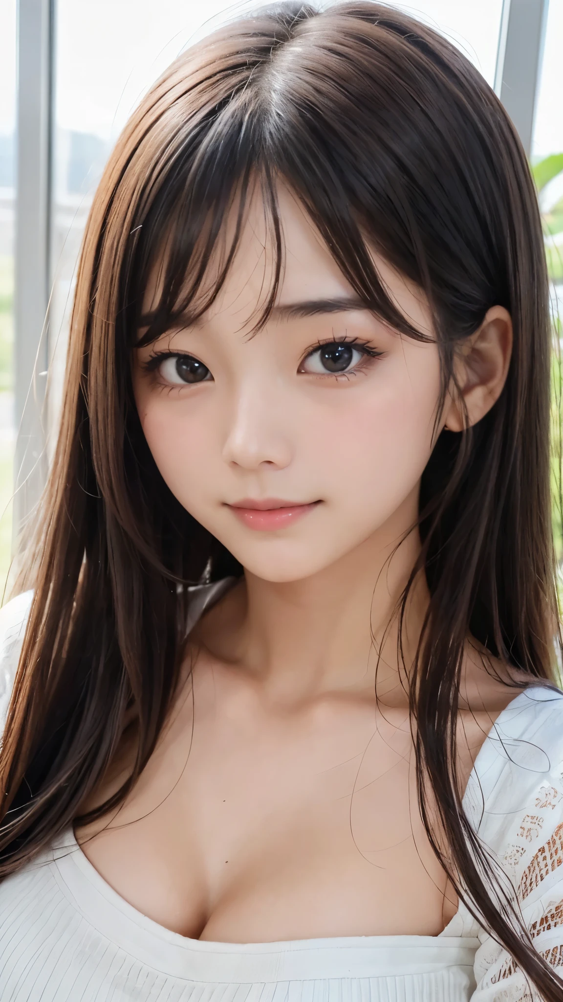 (beautiful girl、1、Baby Face)、((ID photo of upper body:1.2))、Beautiful Face、Beautiful symmetrical eyes、high nose、Moisturizing lips、((Part your bangs to show your forehead:1.2))、Long eyelashes、double eyelid、(Beautiful breasts、Cleavage)、light makeup、(Highest quality、Masterpiece、Ultra high definition、Highest quality、Reality:1.37)、(View the viewer:1.2)