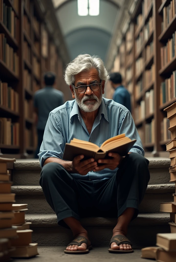 portrait of a 60 year old Tamil man, sitting in the stairs of a very old library, referring multiple books at same time, look at viewer, vintage looks, silver hair all over the head, thick specs, faded striped blue shirt, black pants , slippers, (background:1.6, books, stairs, people, book racks)