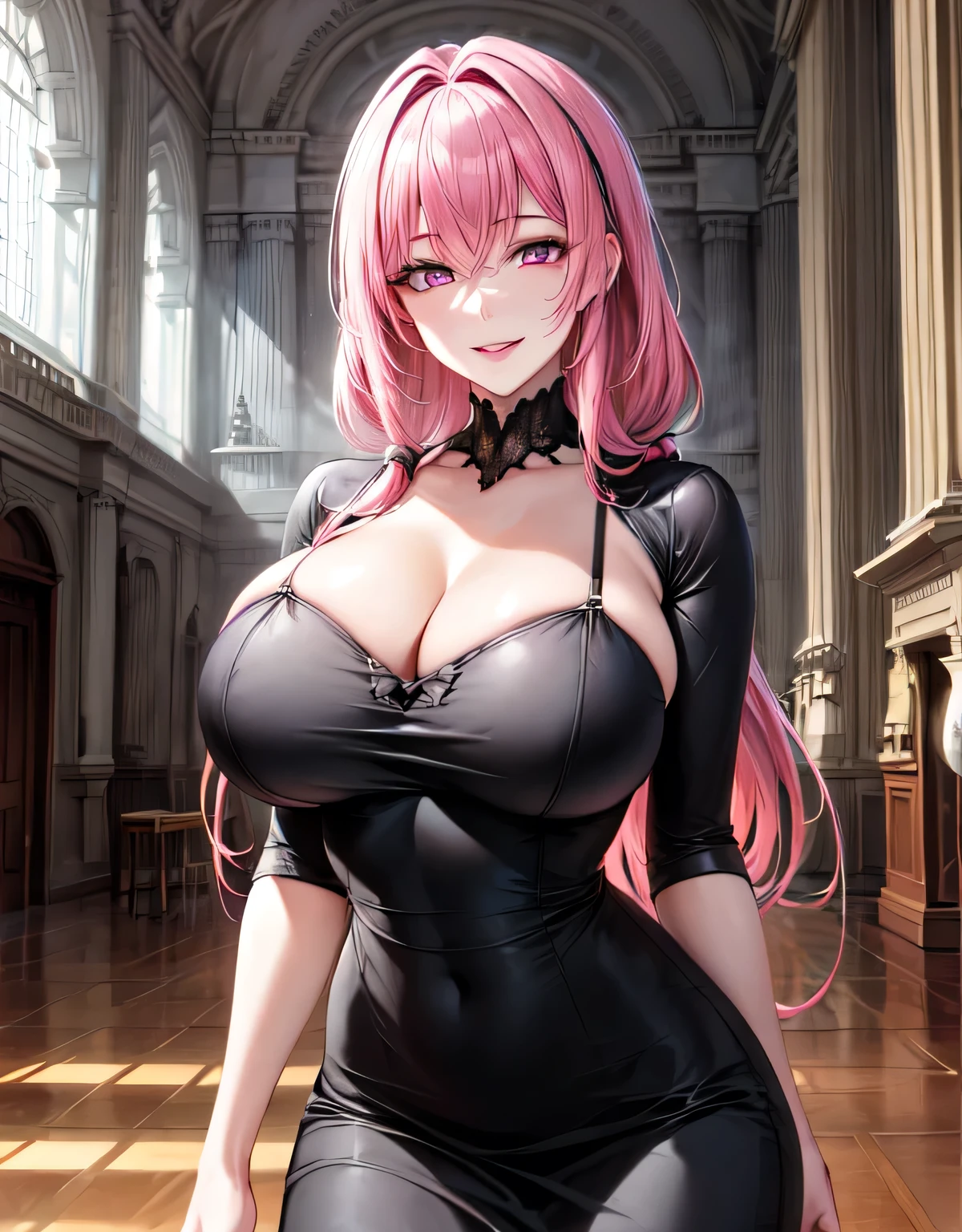 (large breasts:1.55),(shiny,hair),((solo)),((masterpiece)),((best quality)),perfect anatomy,slim waist,perfect image,8k UHD,(beautiful detailed eyes:1.5),extremely detailed face,standing,(upper body:1.25),(look at the front:1.5),arms behindback,ultra-detailed,absurdres,highres,shiny skin,(shiny black dress),sexy gorgeous dress,(pink eyes:1.15),(pink hair),long hair,(gorgeous indoor hall),(sensitive smile:1.2),(seductive smile:1.2),lips,erotic lips,