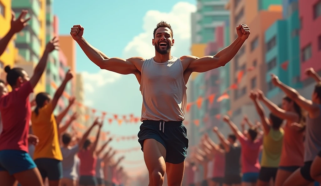 man running and celebrating his victory with a crowd around him