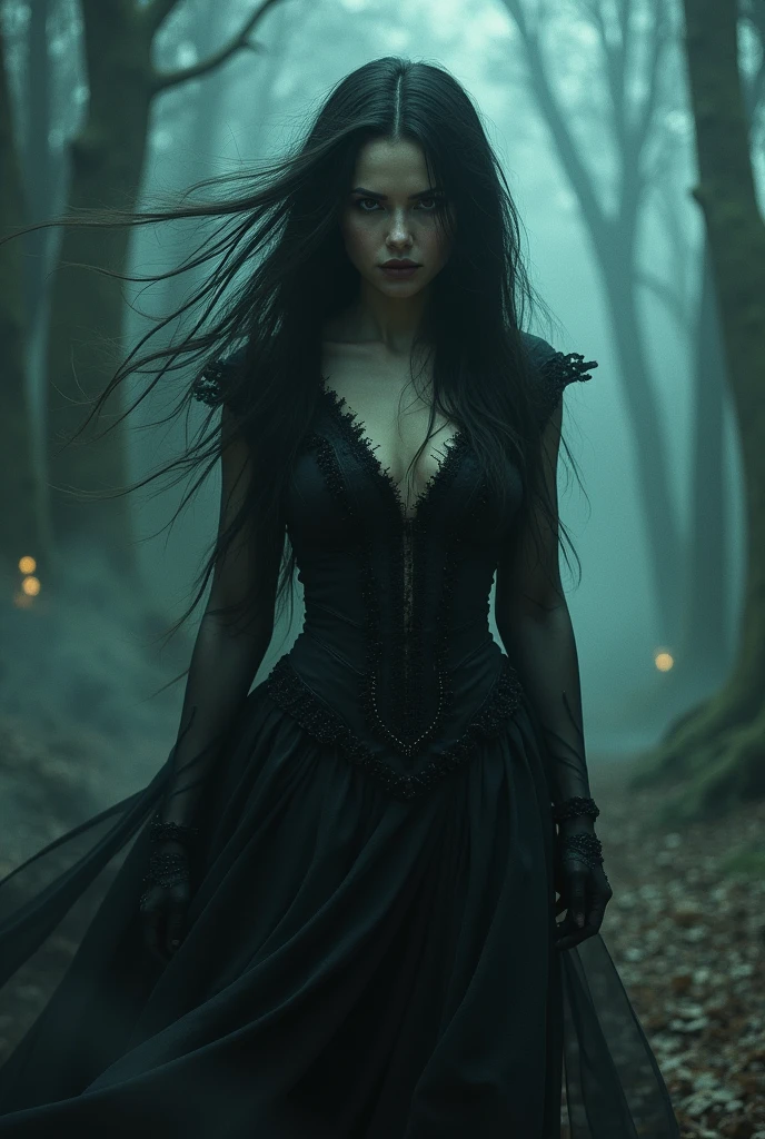 horror and beautiful woman dark witch in hypnotic landscape