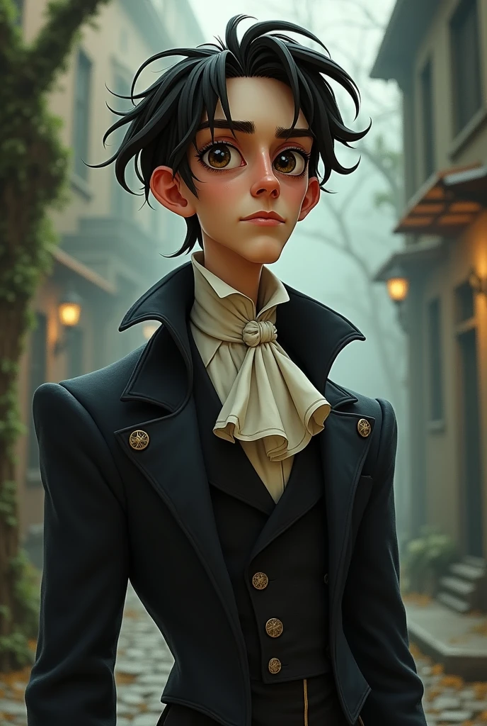 Make a young adult male with typical 19th century French clothing with an expression that reflects curiosity and seriousness in the style of Tim Burton and not so realistic