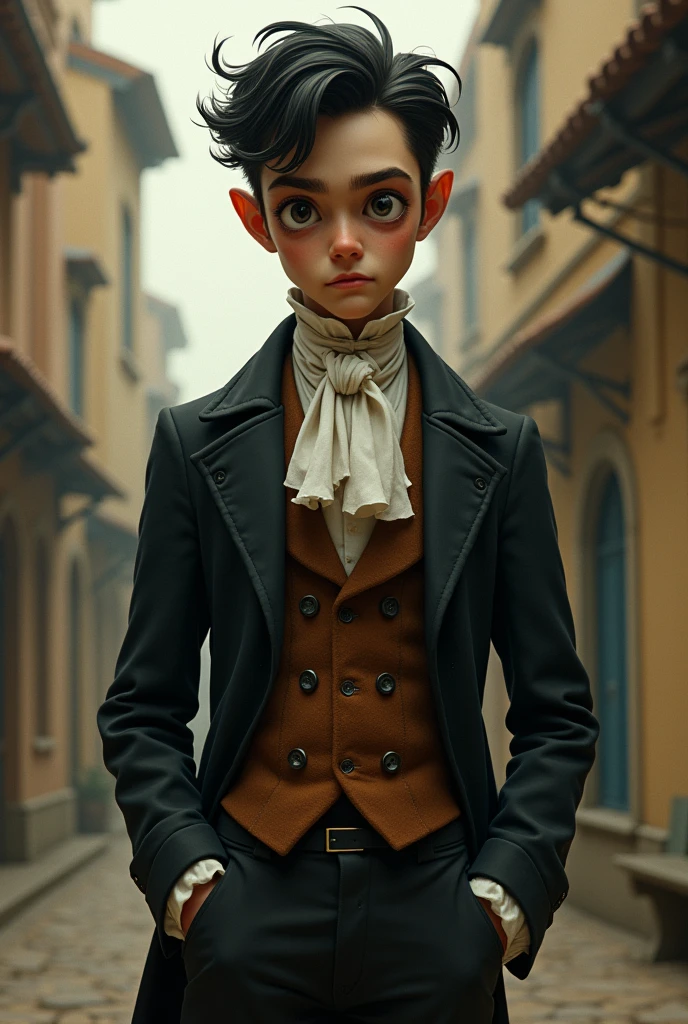 Make a young adult male with typical 19th century French clothing with an expression that reflects curiosity and seriousness in the style of Tim Burton and not so realistic