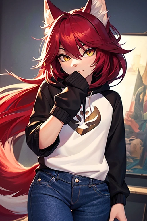 (work of art, Maximum quality, best qualityer, offcial art, beautiful and aesthetic:1.2) A Mobiana Wolf, white wolf ears, Red hair, wolf tail, white fur, gold eyes, Wearing a Black Sweatshirt and Blue Jeans.