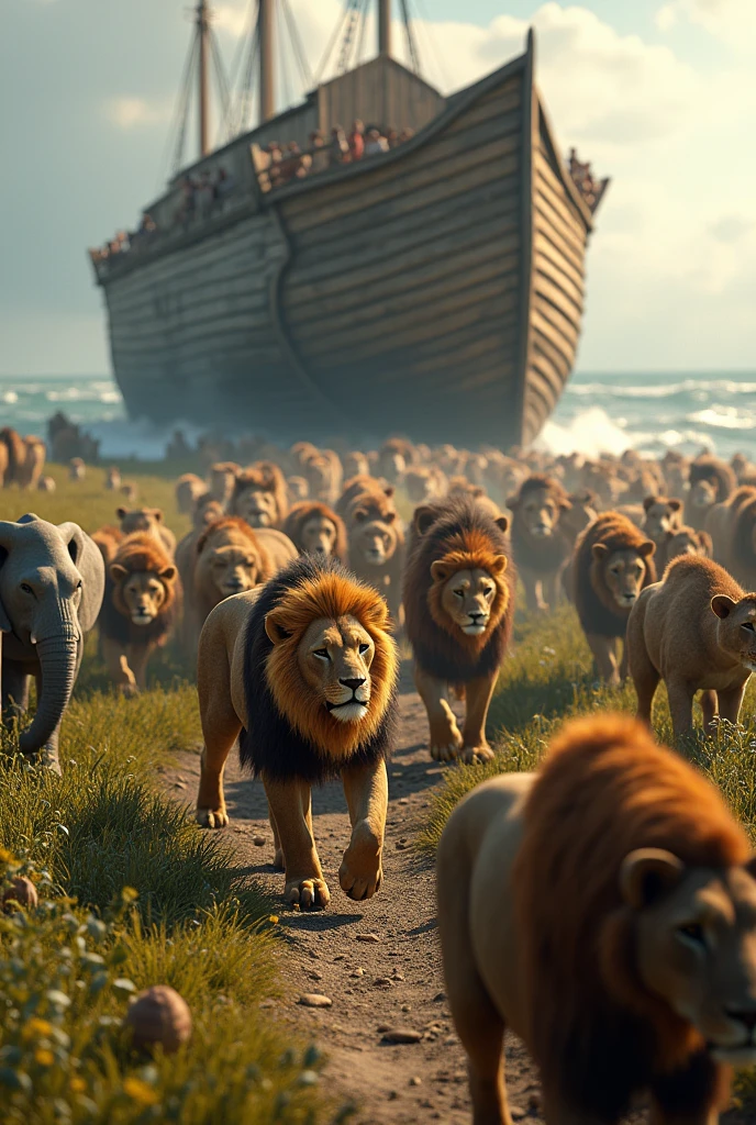 animals entering noah's ark, two by two, male and female, the ark was on dry land