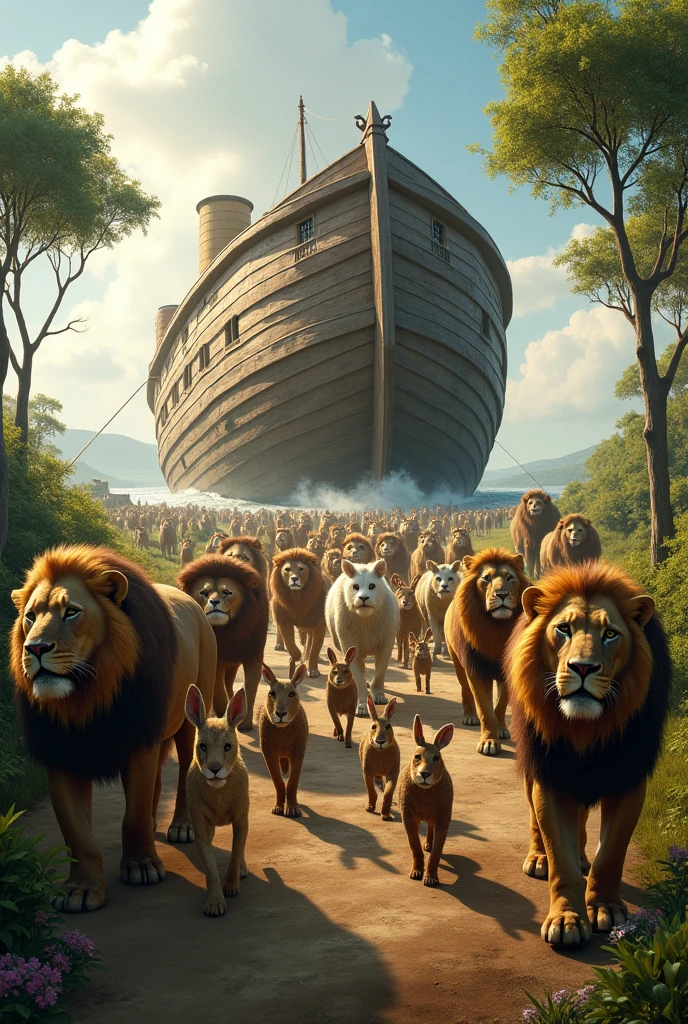 animals entering noah&#39;s ark, two by two, male and female, the ark was on dry land 