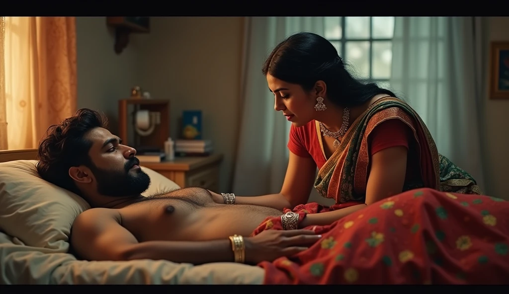 "An Indian man is lying in bed, while his wife, dressed in a saree, stands beside him."
