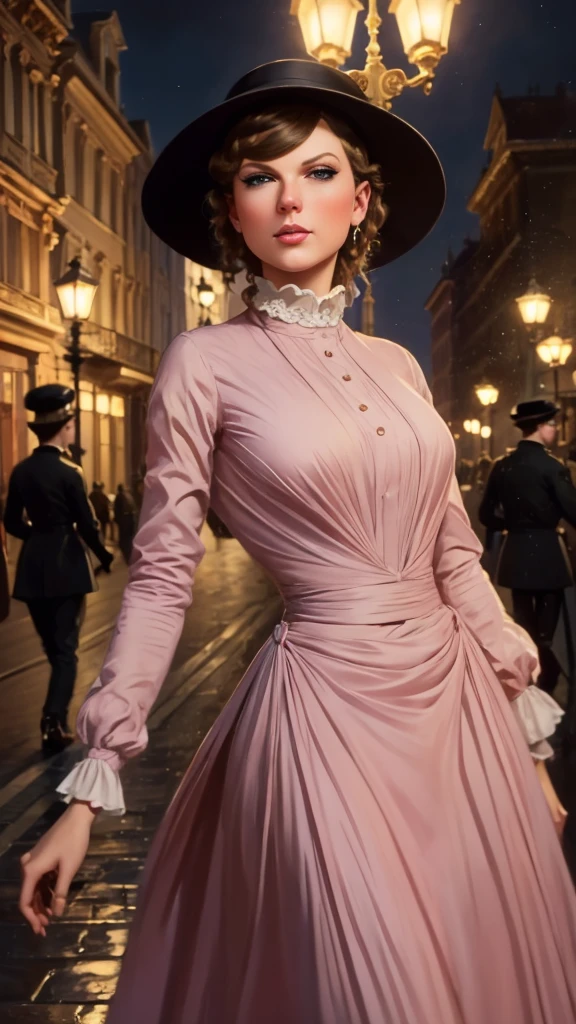 Painting , beautiful portrait, close-up, high resolution, 8k,Taylor Swift in a pink dress and hat walking down a street, walking at night.by the , street lamps at night Art by Edouard Bisson, ( (Konstantin Razumov ) ), Konstantin Razumov, by Herbert James Gunn, Victorian lady, a beautiful Victorian woman, Victorian fantasy art, Herbert James Draper,  dressed in Victorian clothes, Vittorio Matteo Corcos, beautiful character painting