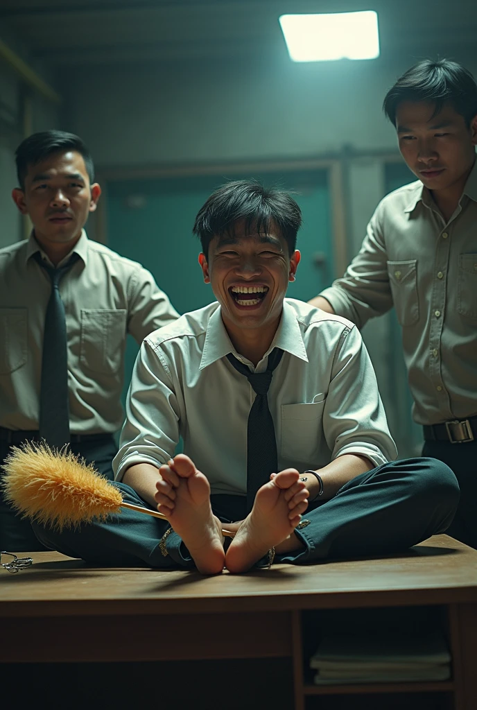 Malaysia malay handsome 19 years student
He laugh very hard
His hand handcuff in abondon warehouse
Blindfolded
handcuff
Formal Work Outfit
Focus Sweaty hot feet on desk
feather duster on desk
Take off shoes and socks on desk
2 man holding feather duster