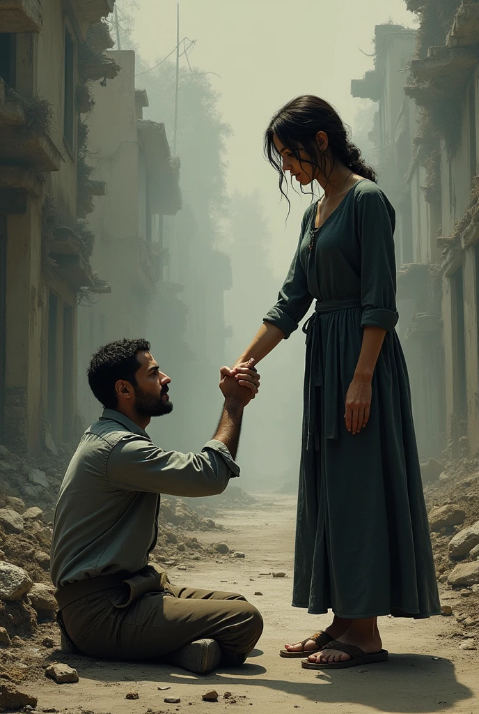 A woman (standing) He shakes hands with a man lying on the ground and he also shakes his hand with a background of destruction or sadness