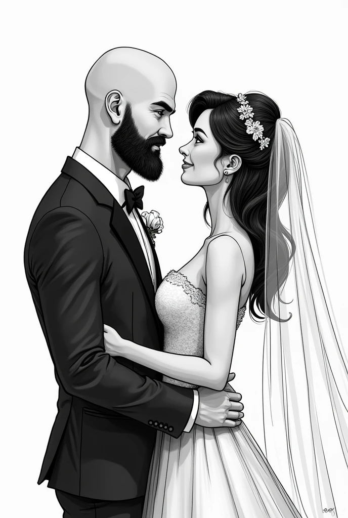 An animated black and white drawing of a handsome bald and bearded groom and his bride