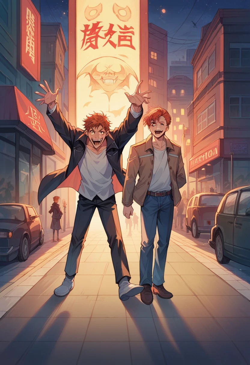 anime character Redhead and a black jacket, Redhead, Anime handsome guy, Male anime characters, 1 Boy, Solitary, Misaka Mikoto, Plan K, (((vampire))), crazy, Malkavian, City background, (night), giggle, Cowboy shooting, Dynamic Lighting