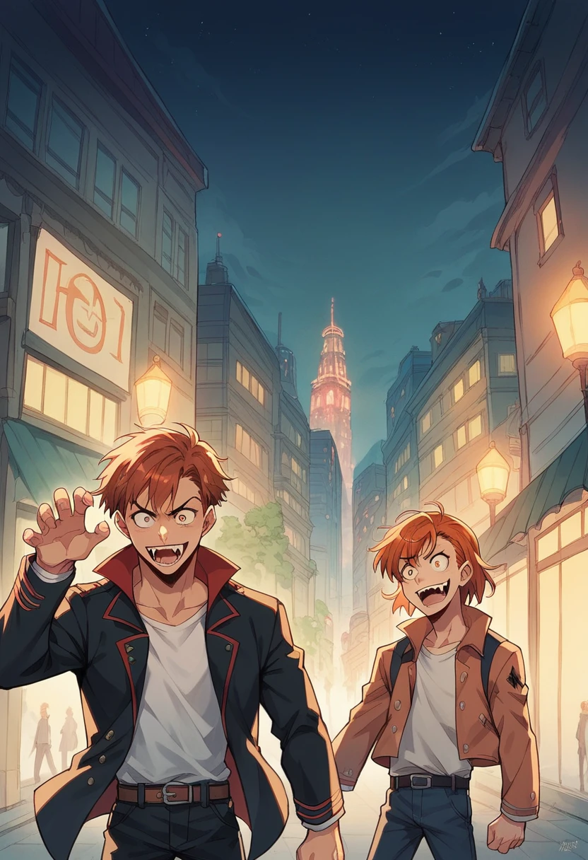 anime character Redhead and a black jacket, Redhead, Anime handsome guy, Male anime characters, 1 Boy, Solitary, Misaka Mikoto, Plan K, (((vampire))), crazy, Malkavian, City background, (night), giggle, Cowboy shooting, Dynamic Lighting