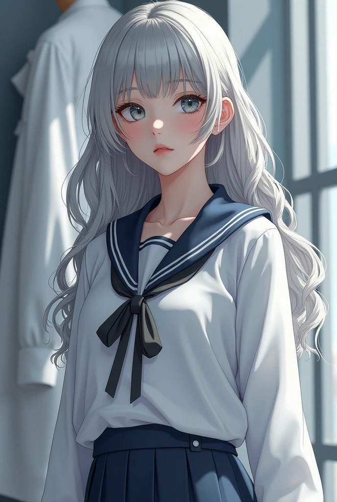 ((There is half a white lab coat outside)),(Sailor collar school uniform),shirt, Pleated Skirt,[:(detailed face:1.2):0.2], RAW photos, (masterpiece), (), high resolution, (Practical, photo-Practical:1.2), Extremely detailed, Physically Based Rendering, 1 Girl, Air bangs, Long hair, (Silver hair), curls,