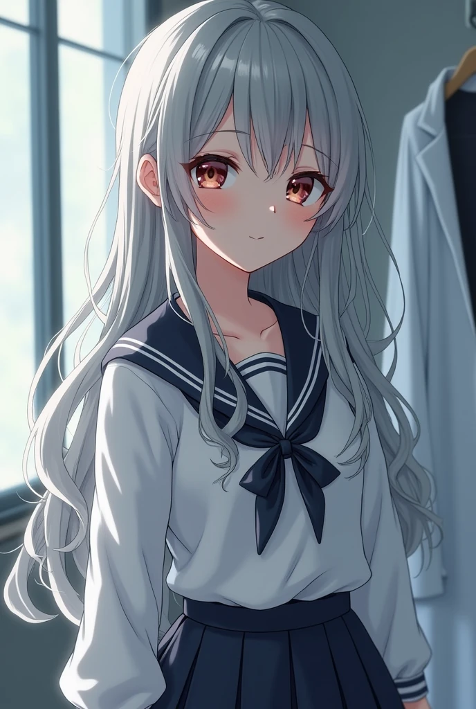((There is half a white lab coat outside)),(Sailor collar school uniform),shirt, Pleated Skirt,[:(detailed face:1.2):0.2], RAW photos, (masterpiece), (), high resolution, (Practical, photo-Practical:1.2), Extremely detailed, Physically Based Rendering, 1 Girl, Air bangs, Long hair, (Silver hair), curls,