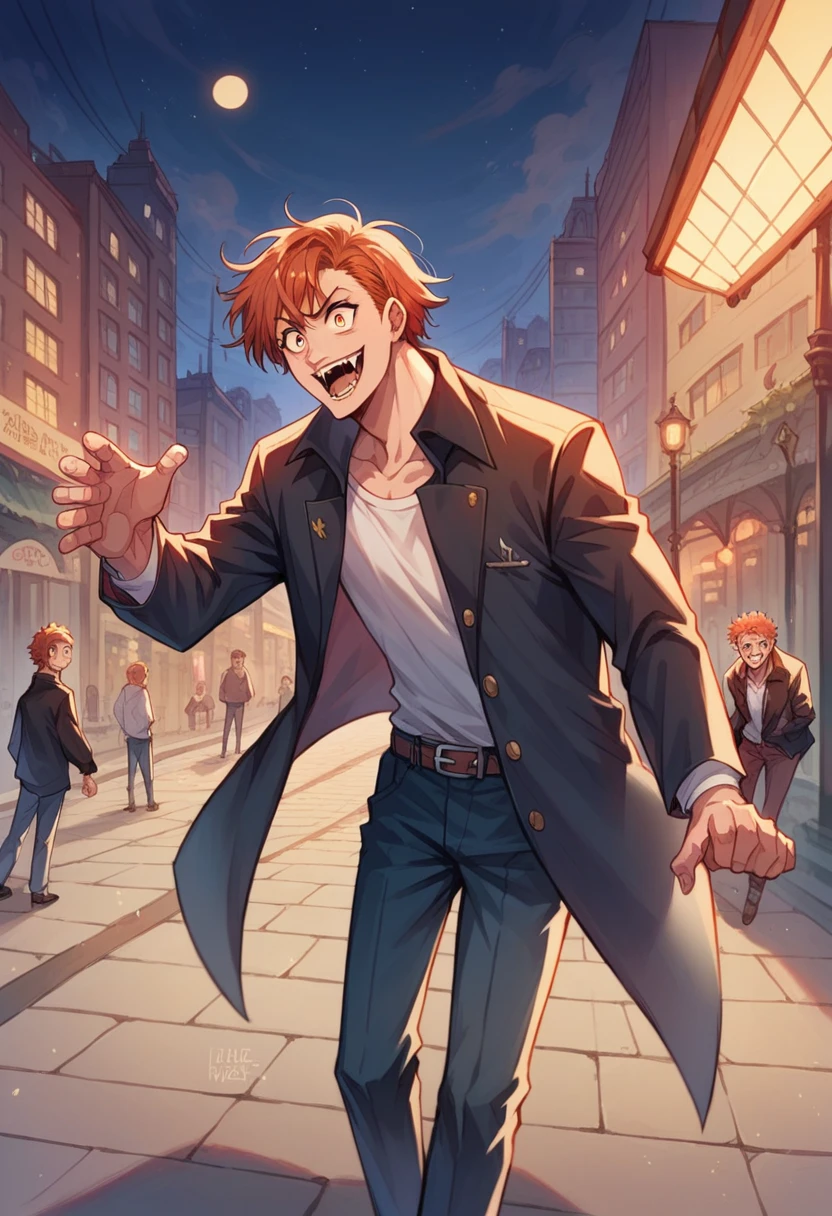 anime character Redhead and a black jacket, Redhead, Anime handsome guy, Male anime characters, 1 Boy, Solitary, Misaka Mikoto, Plan K, (((vampire))), crazy, Malkavian, City background, (night), giggle, Cowboy shooting, Dynamic Lighting