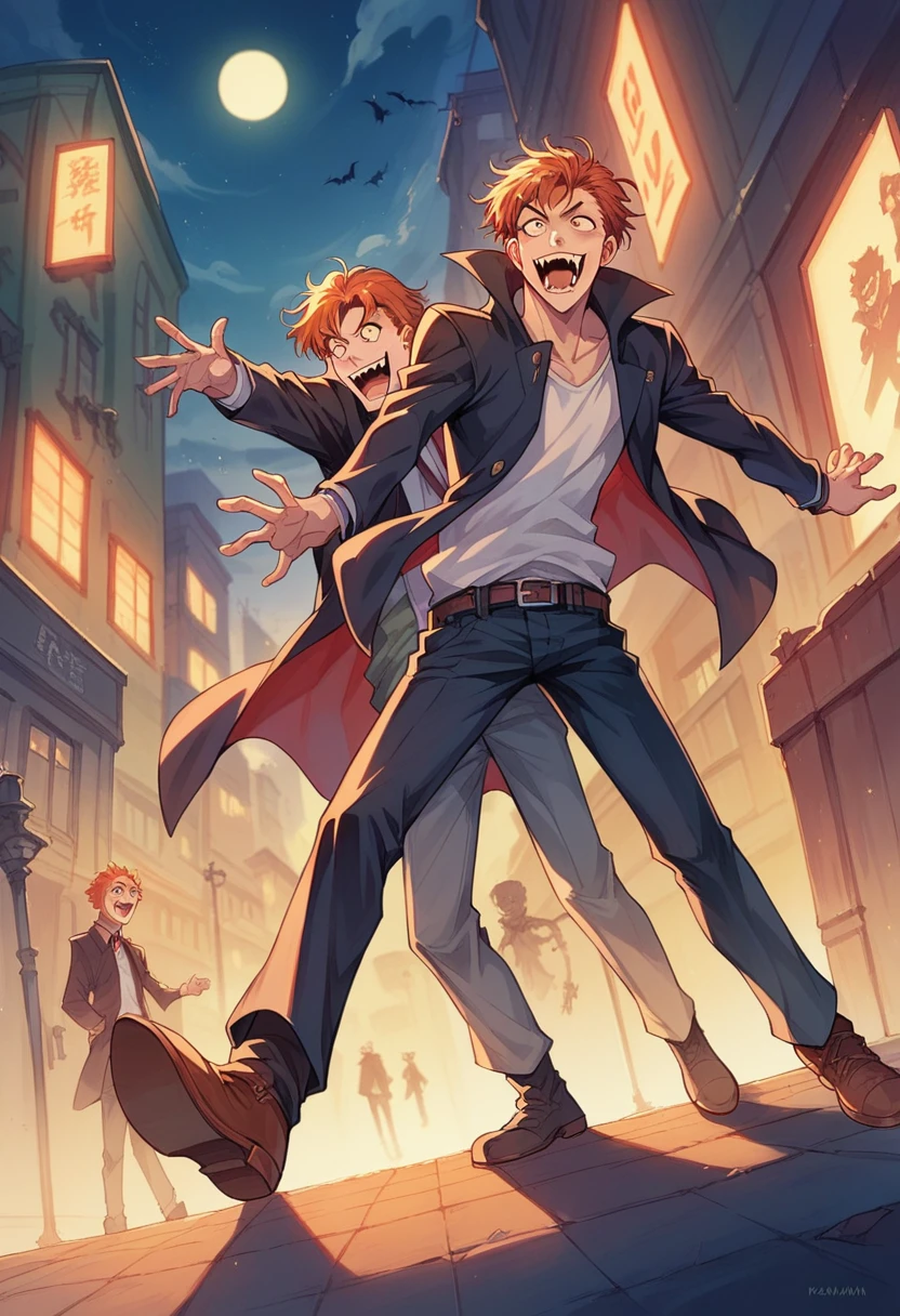 anime character Redhead and a black jacket, Redhead, Anime handsome guy, Male anime characters, 1 Boy, Solitary, Misaka Mikoto, Plan K, (((vampire))), crazy, Malkavian, City background, (night), giggle, Cowboy shooting, Dynamic Lighting