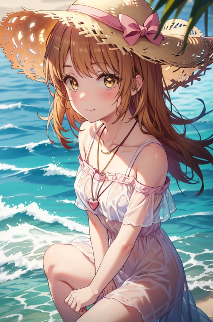 Color color, Iroha Isshiki, Long hair, Brown hair, (Brown eyes:1.5), Short braided hair,Smile,blush,Big straw hat,Off-shoulder dress,heart shaped pendant necklace,Exposed collarbone,Bare neck,Bare shoulders,pink 裙,barefoot,turn around,
Strolling along the beach、Brown hair fluttering in the breeze,
rest outdoors,
rest looking at viewer,
rest (masterpiece:1.2), best quality, high resolution, Unity 8K wallpaper, (shape:0.8), (beautiful eyes:1.6), The face is rich in detail, Perfect lighting, Very detailed CG, (Perfect hands, Perfect anatomical structure),Clothes are see-through