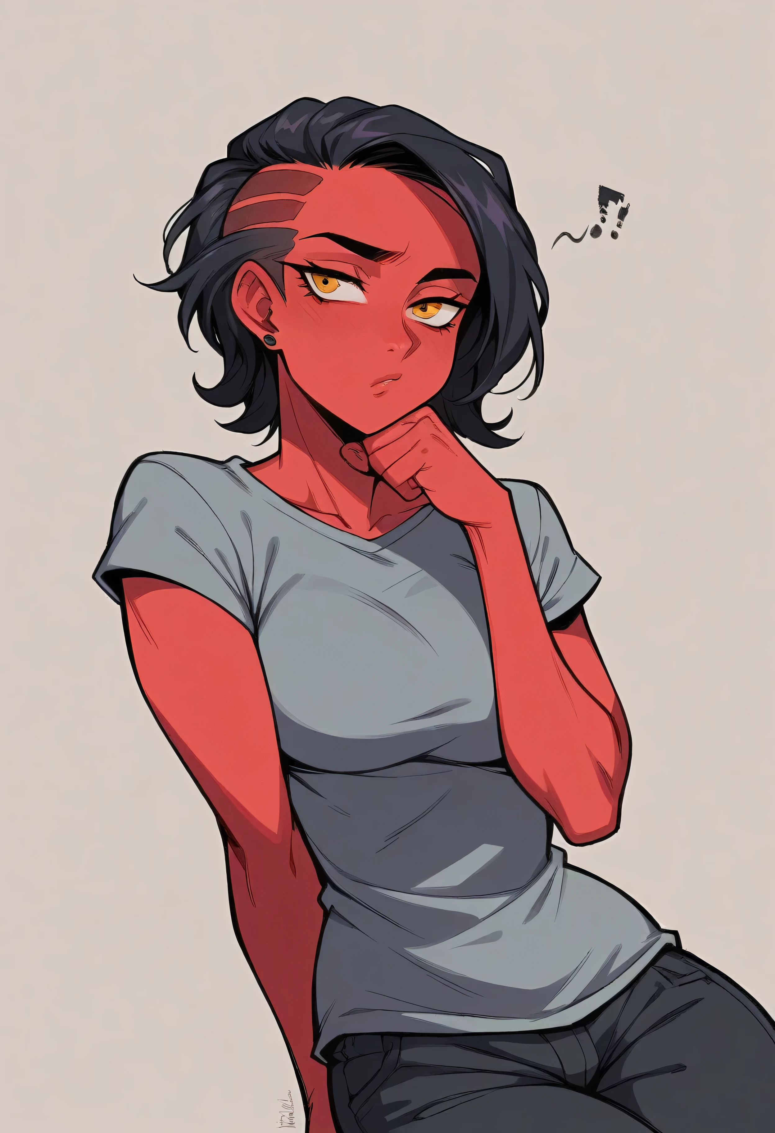Redna Clareta, a girl with red skin, showing an expression of boredom. She is sighing, with her chin resting in her hand, and her body is slightly swaying. Her hair is dark black with no red, cut in a square style. Her amber eyes look distant. She's wearing a gray sweatshirt and casual streetwear, matching her athletic build. The setting is a street in Heavenia, reflecting a blend of 2020s Earth-style city life and advanced space travel technology. The image is in a comic book style, focusing on her bored expression and posture. A wireless headset on the head