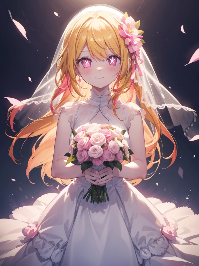 alone, (girl1名:1.3), 1 Grill, Hoshino Ruby, (yellow hair:1.5), long hair, (pink eyes:1.5), (side lock:1.3), (left eye star pupil:1.5), (pink right eye:1.5) (white wedding dress costume:1.3), Breaks down at the sight of the viewer., (morning:1.3), (Background of the mansion:1.3), serving customers, Asahi, destroy white light (masterpiece:1.2), highest quality, High resolution, unity 8k wallpaper, (shape:0.8), (beautiful and detailed eyes:1.6), highly detailed face, perfect lighting, Very detailed CG, (perfect hands, perfect fingers, perfect anatomy), smile, cowboy shot, masterpiece, highest quality, High resolution, 1人のgirl, girl, masterpiece、highest quality、masterpiece, highest quality, high again, , 1girl, alone, hair flower, wedding d again ss, Holding a bouquet of flowers in your hands, Chacha, smile, church, white bridal veil,口を開けてsmile
