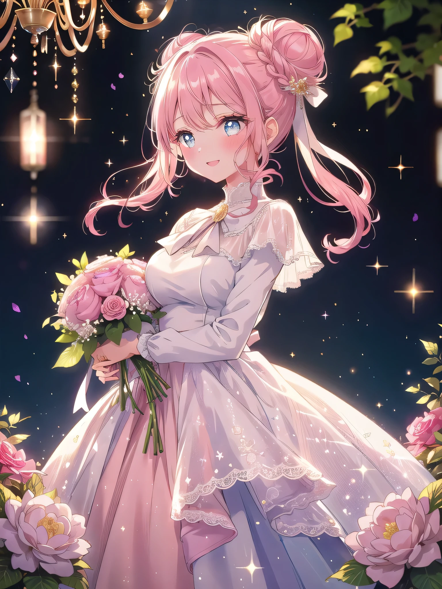 ((8k, Highest quality, masterpiece: 1.3)),Ultra-high resolution,(1 girl, alone), (Color changing eyes, Ultra-detailed, Expressive brilliance, Glitter, Glowing Eyes), Highly detailed eyes, Highly detailed face, Random Hair, ((pastel colour))Imagine a close-up of a woman standing in a warmly lit, elegant banquet hall. She’s holding a large, luxurious bouquet filled with various blooms such as lush pink peonies, white and peach roses, and trailing ivy, all wrapped in a soft blush-colored silk fabric tied with a satin bow. The bouquet is voluminous, nearly covering her torso, with petals gently cascading over the edges, creating a lavish and abundant appearance. Her hair is styled in a loose, side-swept bun with soft curls framing her face, and she’s wearing a refined, pastel blue blouse with delicate lace details at the neckline. She gazes directly at the camera with sparkling eyes and a wide, radiant smile, her expression overflowing with genuine happiness and excitement, as if she’s about to hand over the bouquet to her dearest friend. The background is subtly blurred, with hints of golden chandeliers and softly glowing candles, enhancing the celebratory and heartwarming atmosphere.