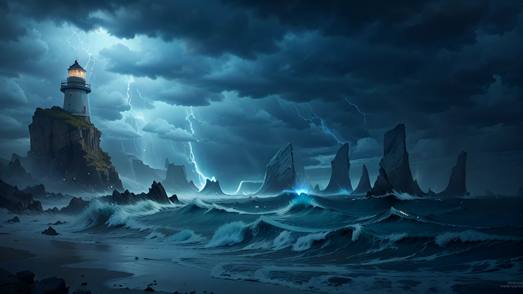 "A dramatic seascape with powerful waves crashing against rugged cliffs, and a lone lighthouse standing tall at the edge. The sky is dark and tumultuous with storm clouds, but a ray of light from the lighthouse cuts through the darkness, symbolizing hope and guidance. The scene captures the essence of resilience and bravery in the face of adversity."