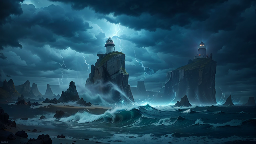 "A dramatic seascape with powerful waves crashing against rugged cliffs, and a lone lighthouse standing tall at the edge. The sky is dark and tumultuous with storm clouds, but a ray of light from the lighthouse cuts through the darkness, symbolizing hope and guidance. The scene captures the essence of resilience and bravery in the face of adversity."