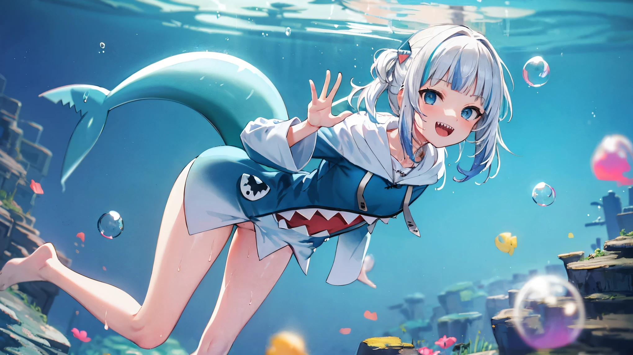 2d, masterpiece, best quality, anime, highly detailed, full body, 1young_teen_girl, solo, gura_hoodie, blue hoodie, shark hood, standing, :d, sharp teeth, in_deep_sea_background , underwater_landscape,,bubble.happy,dynamic_floating_pose,rise_hands,open_legs, naked_legs,wet,claw_pose,tail,evil_smile,