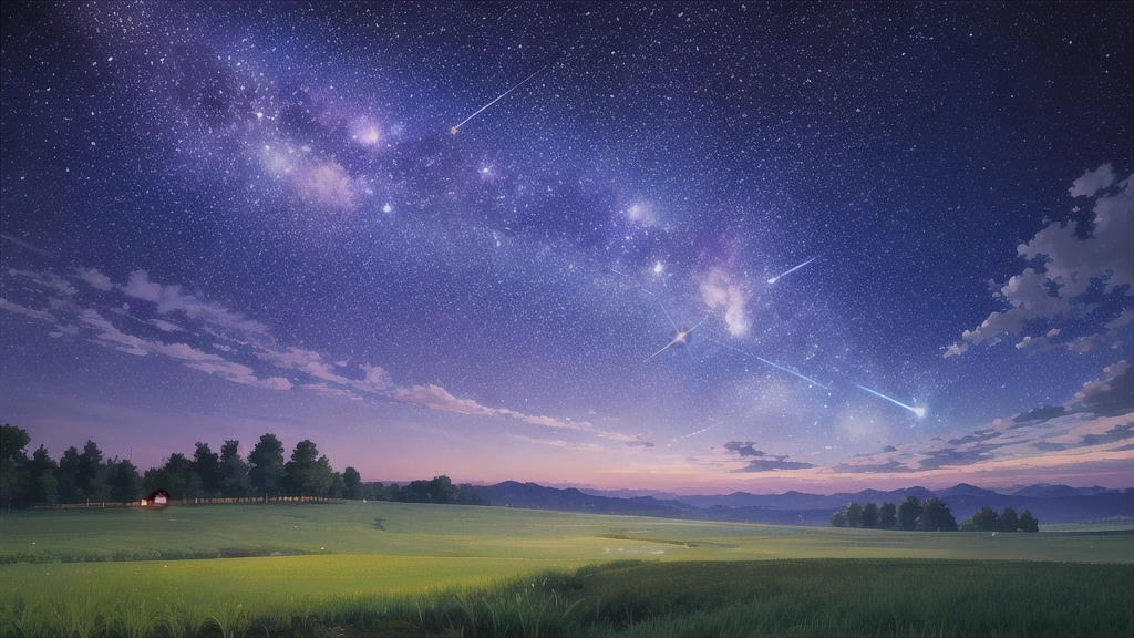 "A vast night sky filled with countless stars, galaxies, and a glowing full moon. The foreground features a quiet meadow with gentle rolling hills, and the sky is alive with shooting stars and the Milky Way stretching across the horizon. The scene should evoke a sense of wonder, infinity, and the quiet courage found in solitude under the stars."