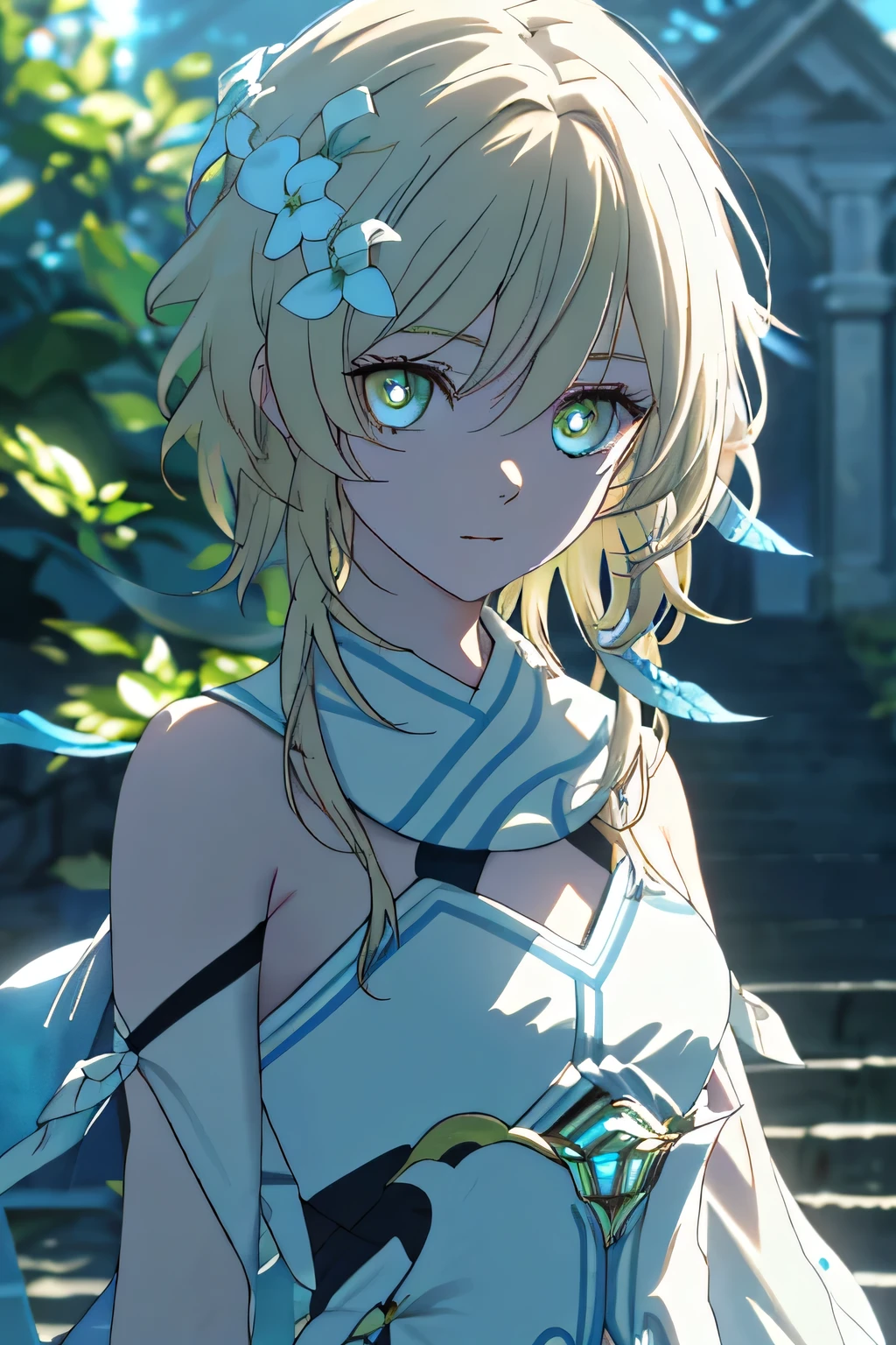 Lumine with a soft smile, standing in an exterior setting with a blue sky, long white hair flowing, gazing directly at the viewer, on a stairway with moody lighting, a genre painting style, (best quality,4k,8k,highres,masterpiece:1.2),ultra-detailed,(realistic,photorealistic,photo-realistic:1.37),beautiful detailed eyes,beautiful detailed lips,extremely detailed eyes and face,longeyelashes,intricate details,cinematic lighting,dramatic shadows,vibrant colors,dreamlike atmosphere